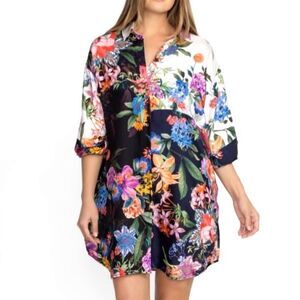 NEW Johnny Was Neon Jungle Mix Easy Patchwork Button Tunic Dress Silk Size L